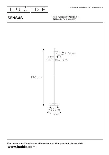 Lucide SENSAS - Lampadaire - 2xGU10 (ES111) - Blanc - technique